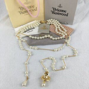 NWT Vivienne Westwood Irregular Three Row Pearl Bas Relief Choker in gold